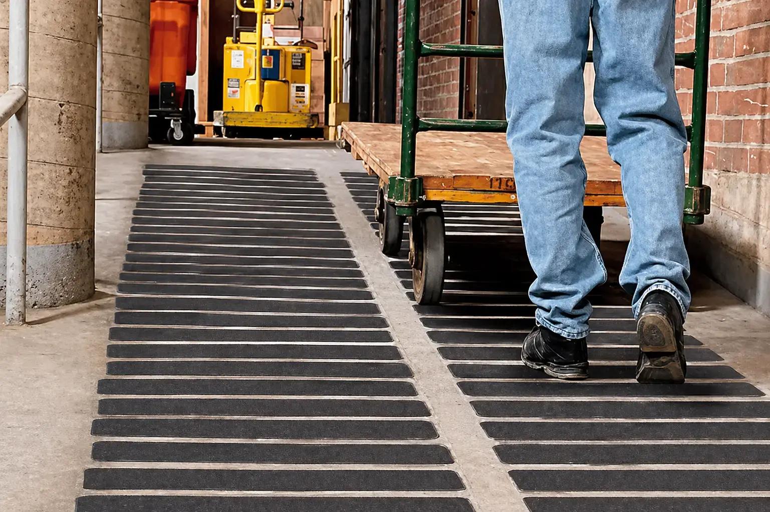 Zwarte antislipstrips op een industriële looproute met medewerker en transportkar, toegepast als veiligheidsmarkering en slippreventie in een magazijnomgeving.