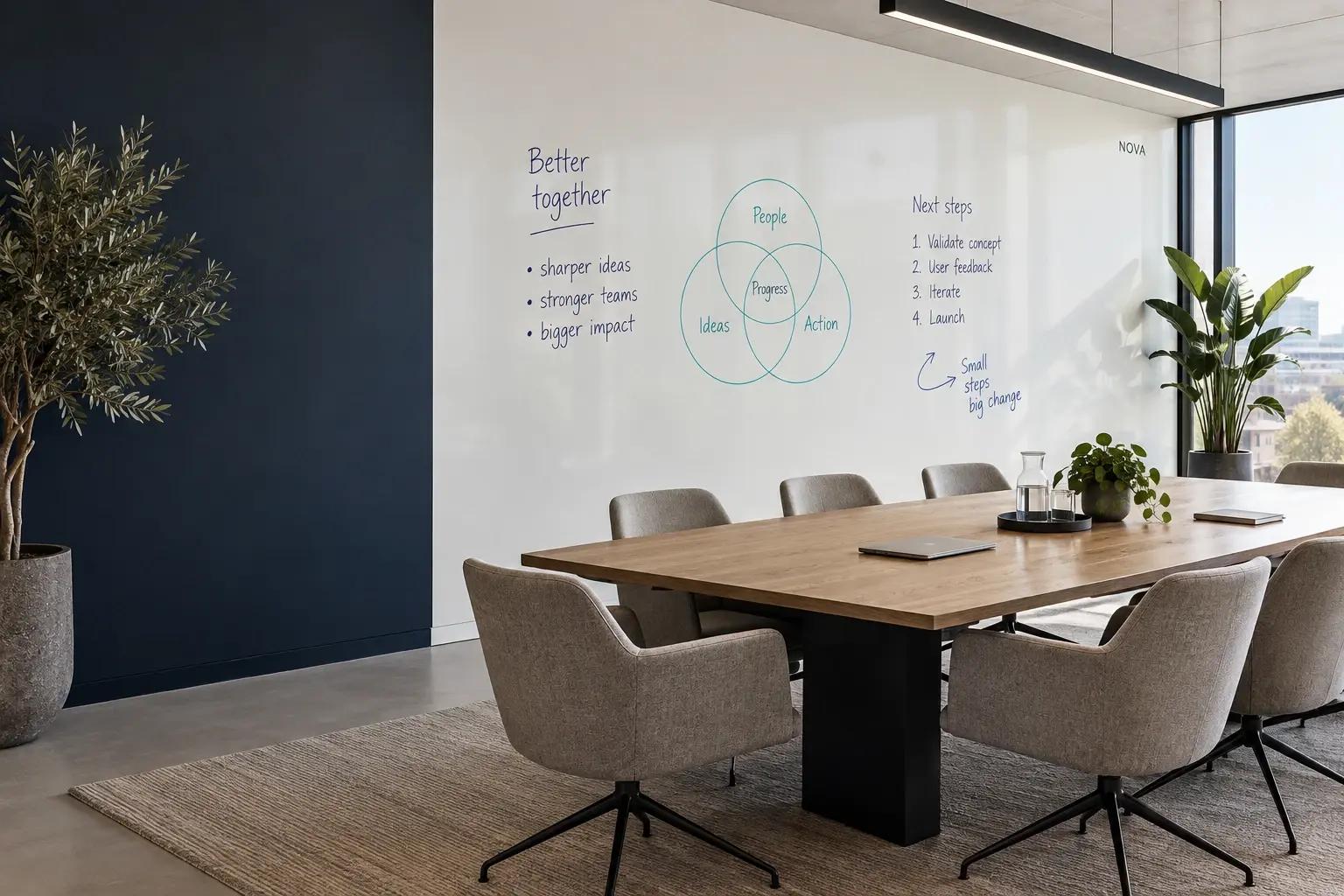 AI design example of a meeting room with a large whiteboard wall