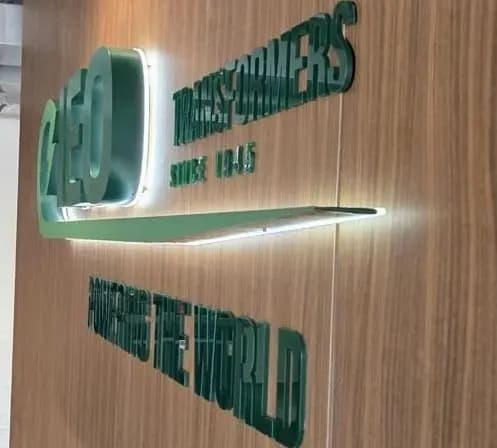 Detailuitsnede van de groene IEO-letters, met de letterdiepte en lichtgloed op het hout.