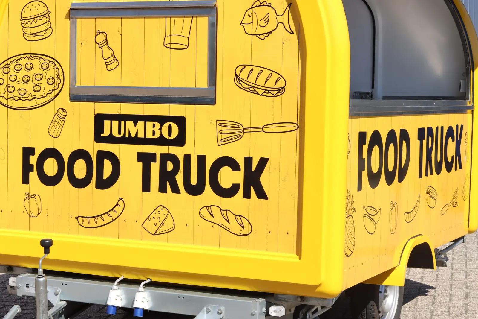 Food illustrations and lettering around the rear corner