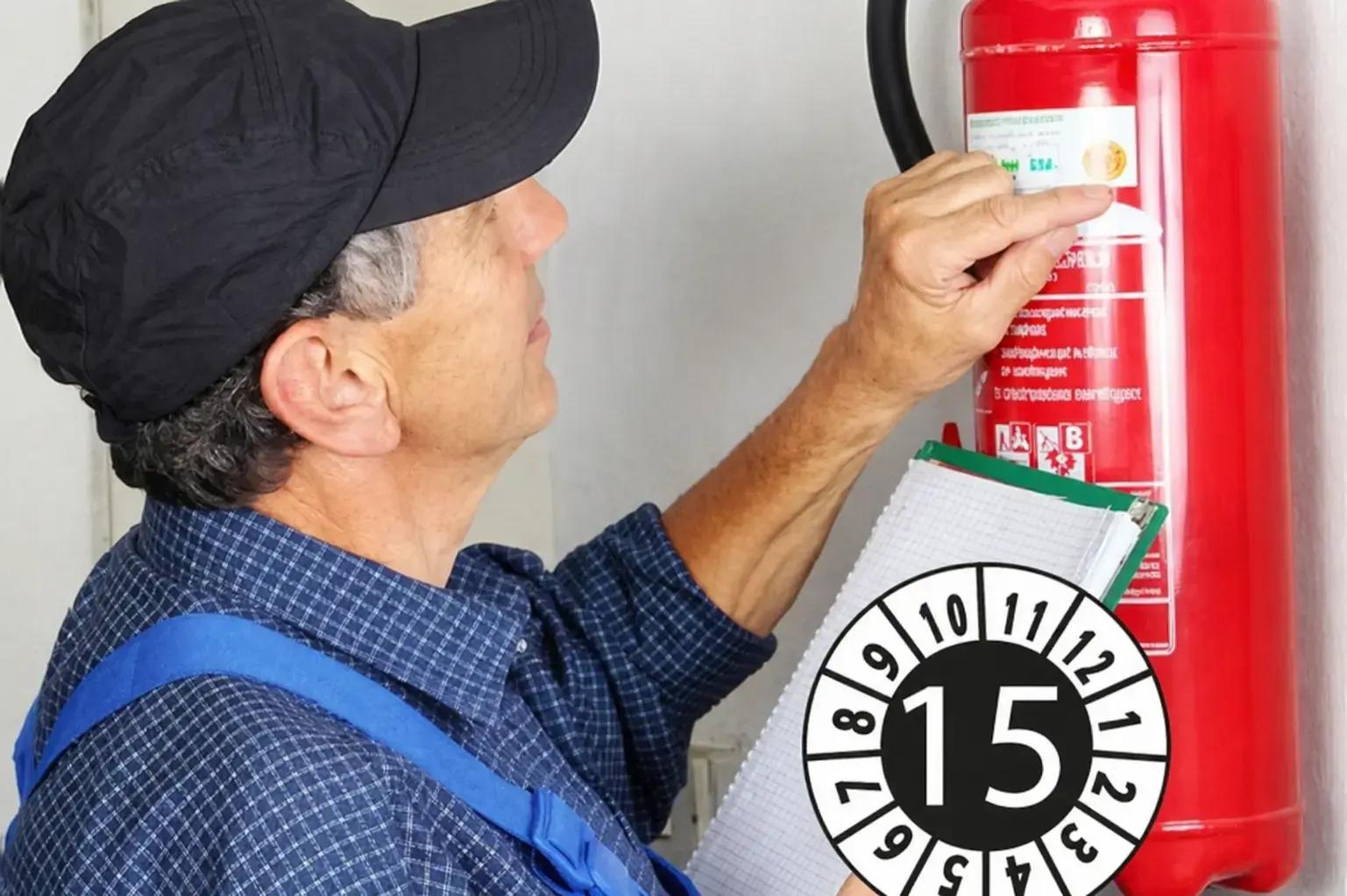 Keuringssticker en veiligheidslabel op een rode brandblusser, gecontroleerd door een persoon met clipboard als inspectiemarkering voor brandveiligheid.