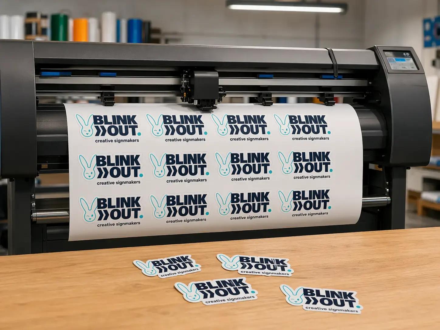 Snijplotter verwerkt een vel met ronde BLINK OUT creative signmakers-stickers, met uitgesneden logo-stickers op een houten werkblad ervoor.