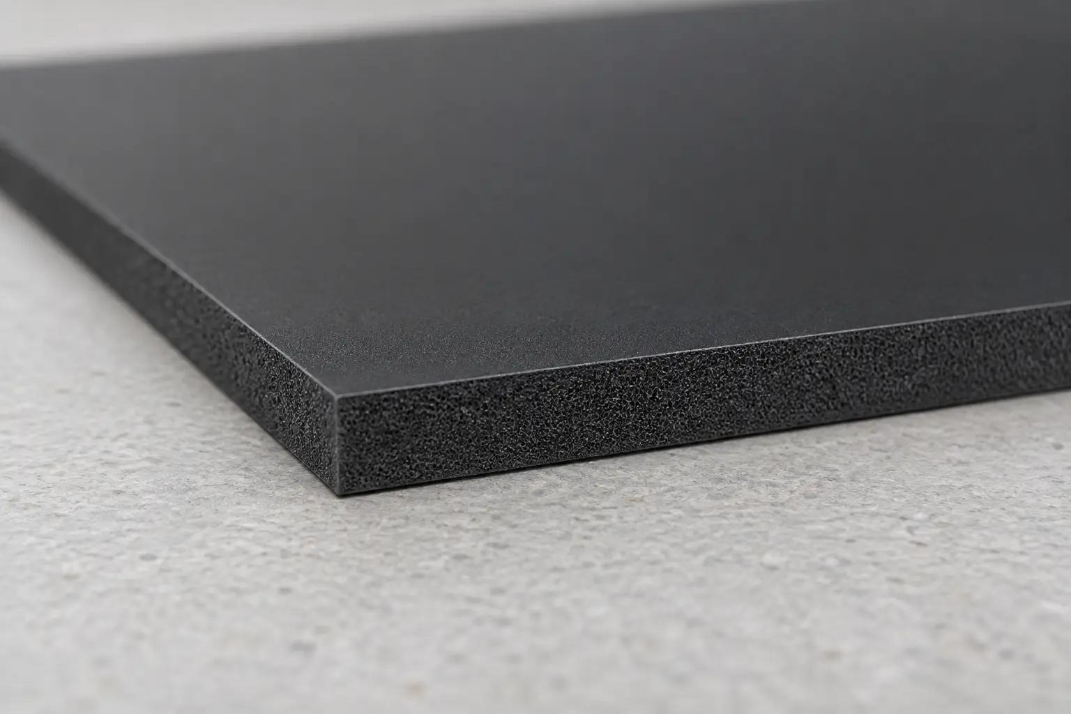 De plaatrand en het matte oppervlak van een zwarte PVC-schuimplaat in detail.