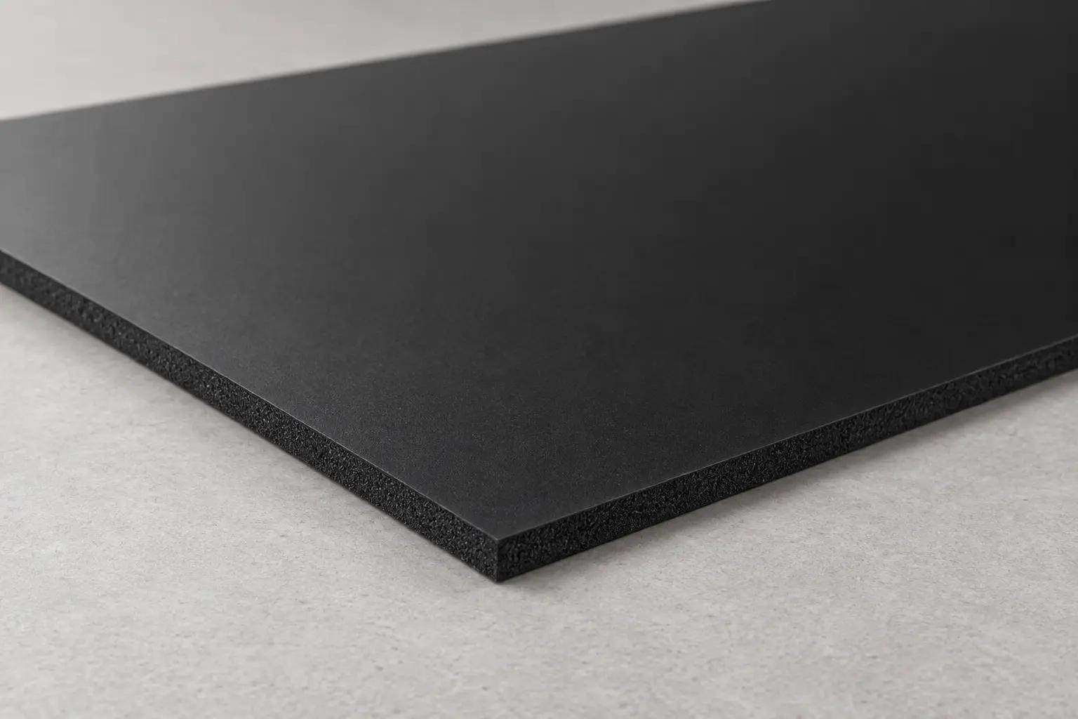 Een onbedrukte zwarte PVC-schuimplaat vormt een vlakke drager voor wandgraphics.