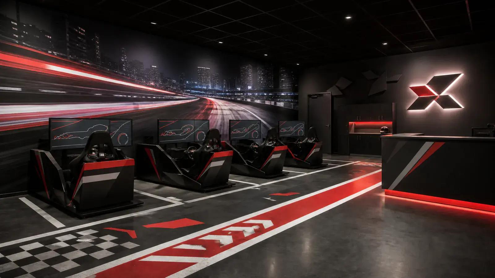 Conceptvisualisatie van een zakelijke simracingruimte met circuit-fotowand, verlicht logo en startgrid op de vloer