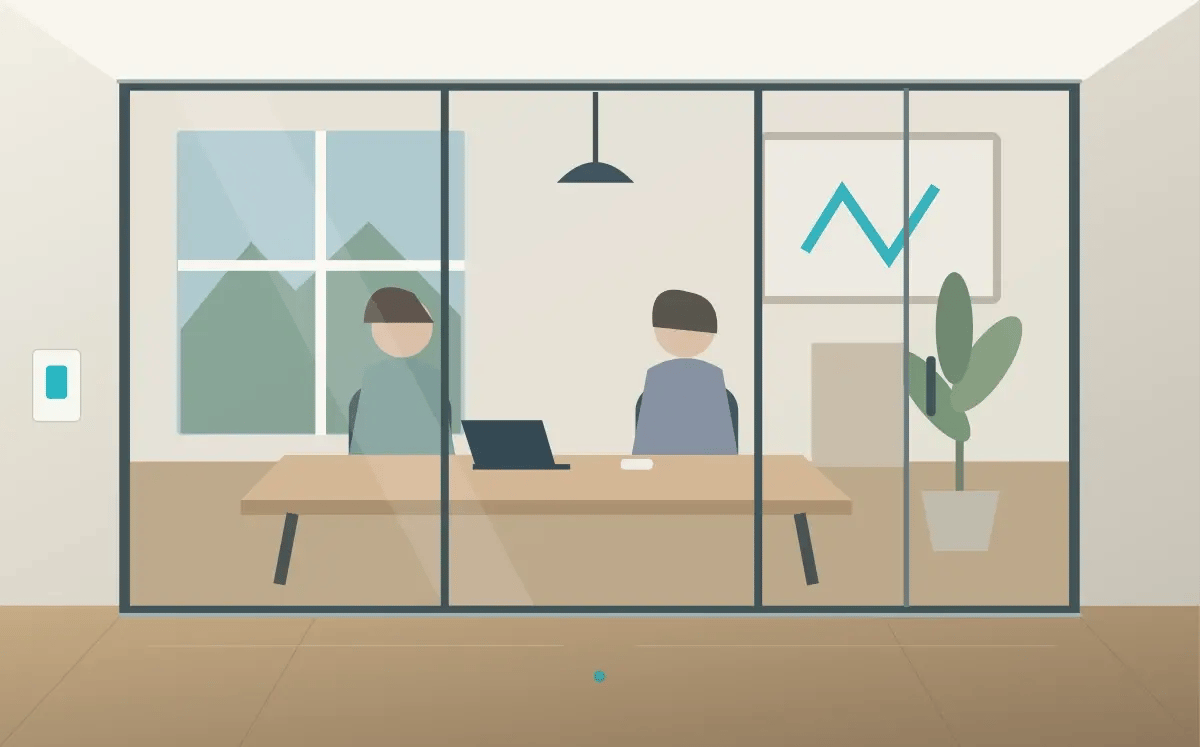 Original illustration of a meeting room behind switchable privacy film in its transparent state.