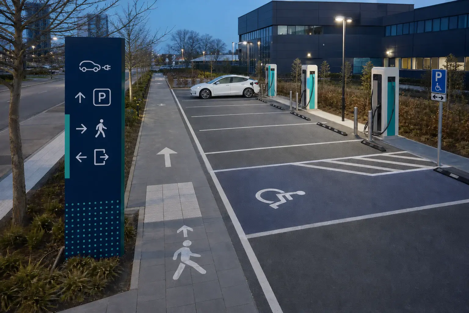 Overzichtelijk laadplein met bewegwijzering, toegankelijke looproute, parkeervakmarkering en verlichting