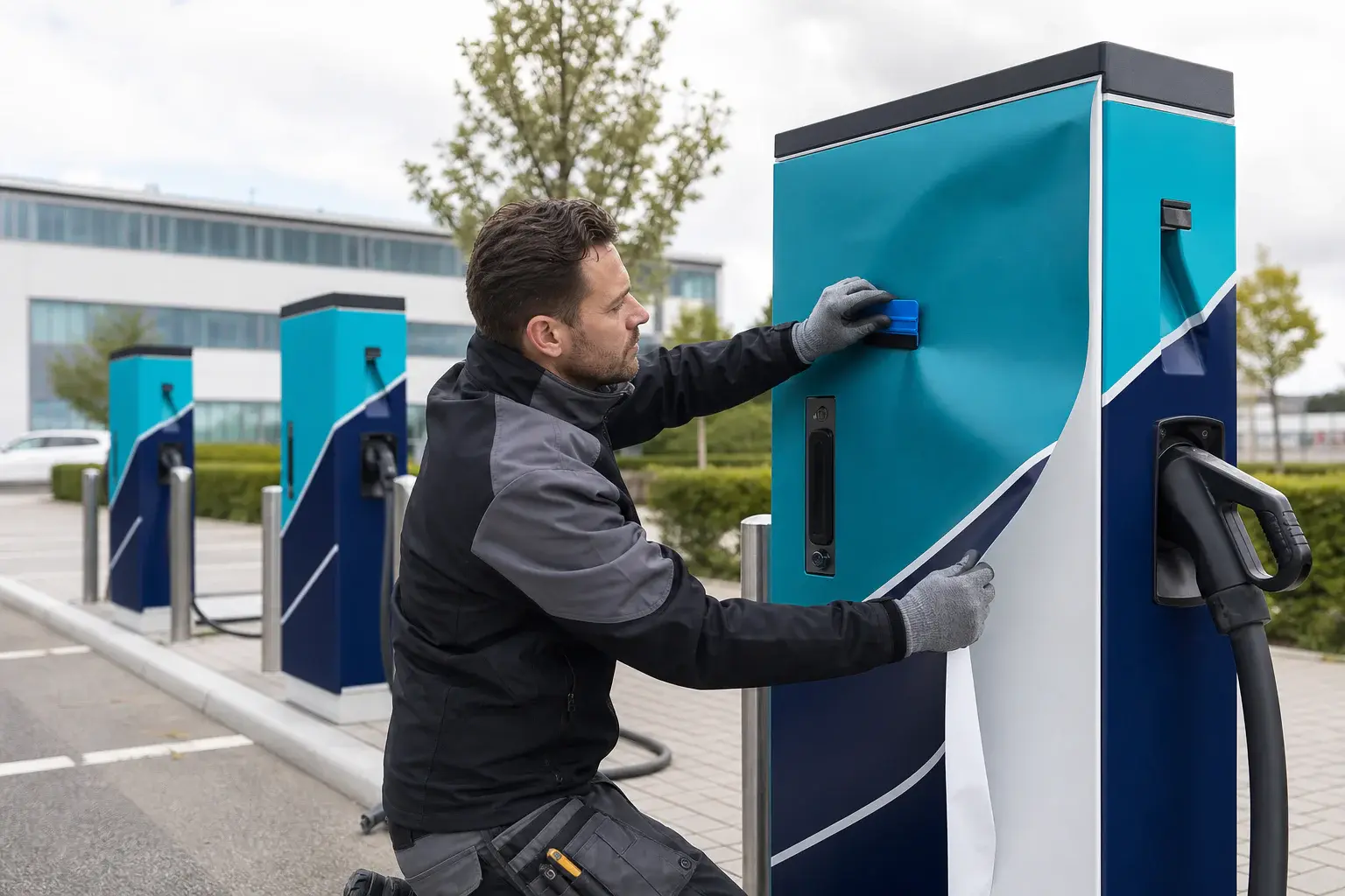 Signmaker brengt weerbestendige visuele branding aan op een laadunit