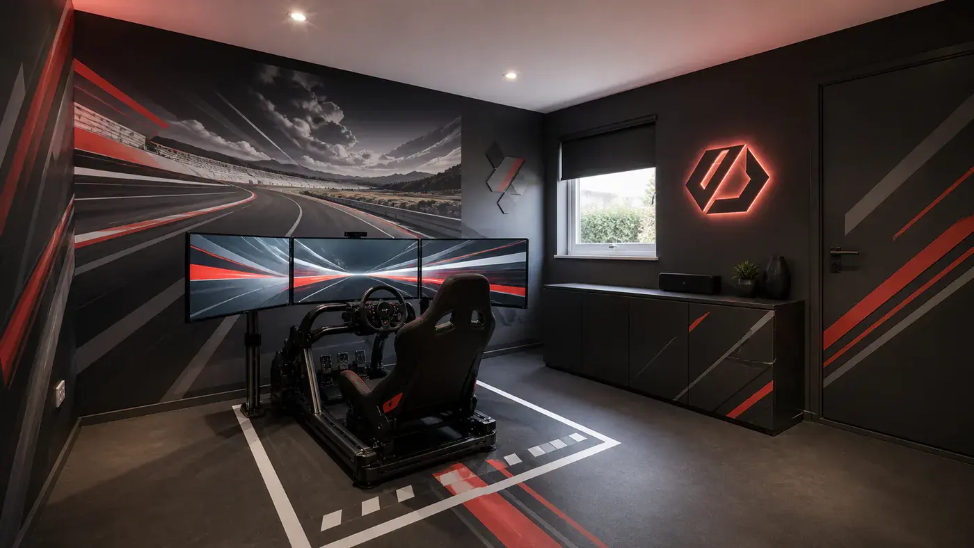 Conceptvisualisatie van een compacte simracingkamer thuis met racecockpit, circuit-fotobehang en verlicht wandlogo