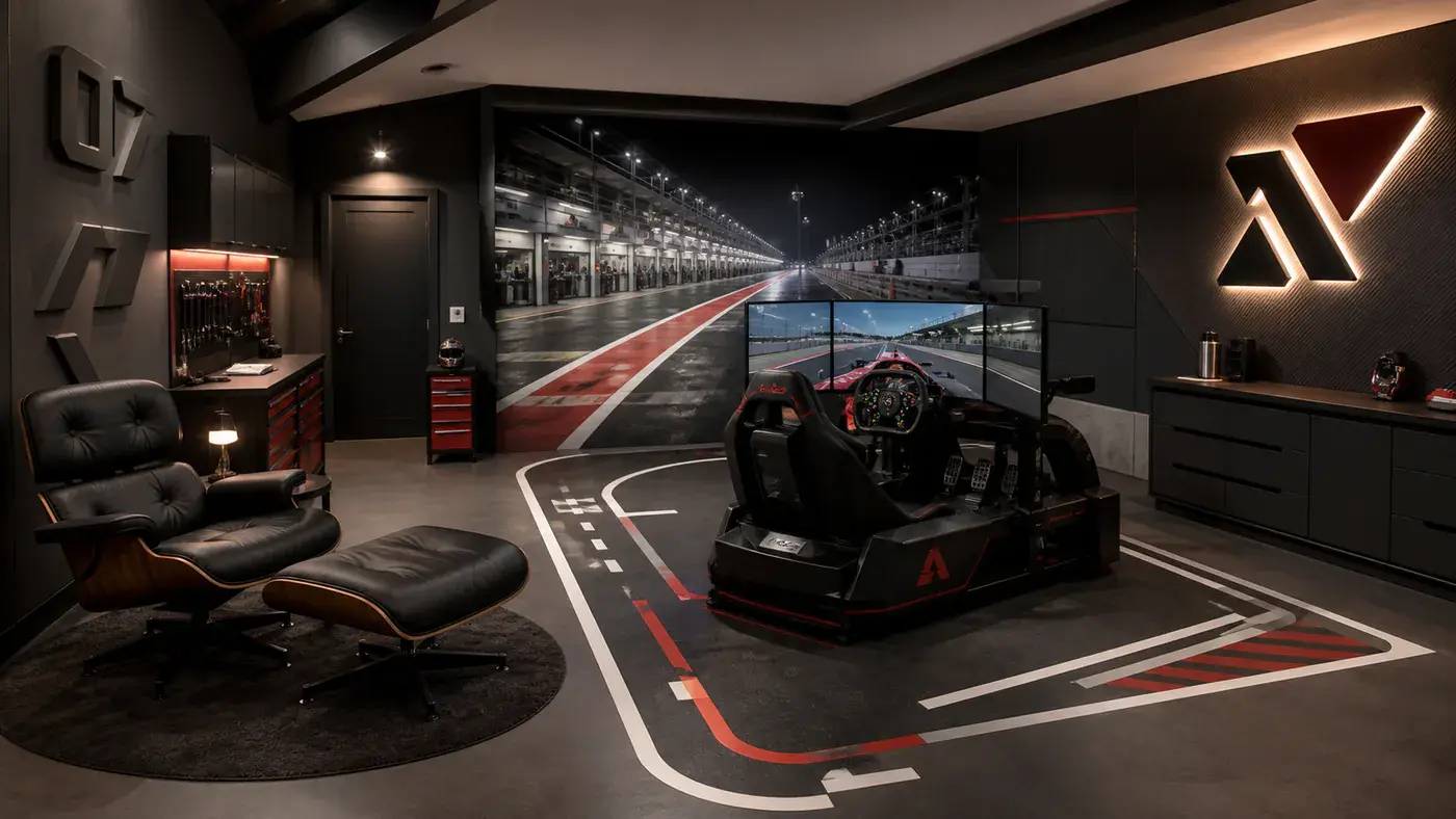 Conceptvisualisatie van een premium simracingruimte thuis met pitlane-fotowand, vloergraphics, freesvormen en interieurfolie
